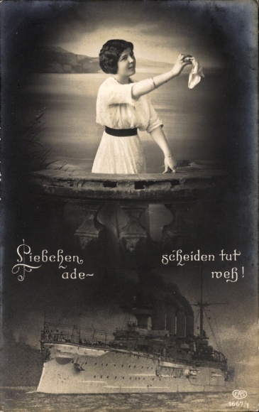 Picture German warship, woman waving goodbye