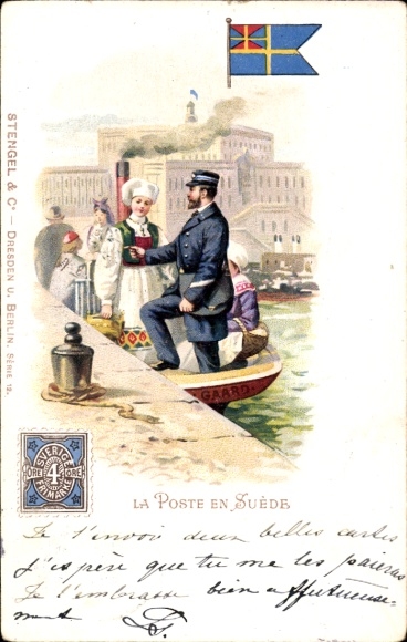 Postage stamps Chromo-Litho Post in Sweden, postman, boat, traditional costume