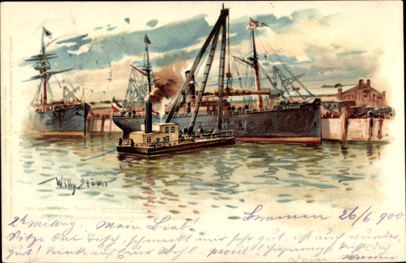 Kunstenaar litho Stöwer, Willy, stoomboot Soneck, DDG Hansa, vrachtschip, laden van een geweerloop