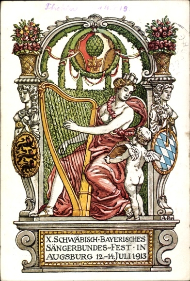 Postcard Augsburg in Swabia, X. Swabian-Bavarian Singers' Association Festival 1913