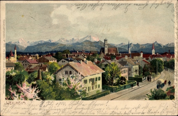 Artist Chromo-Litho Weilheim im Schongau Upper Bavaria, view over the roofs of the city