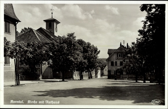 Postcard Korntal Münchingen im Strohgäu, church, town hall