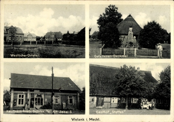 Postcard Vielank in Mecklenburg, western district, memorial to the fallen, Gehrke department store, Stef Inn