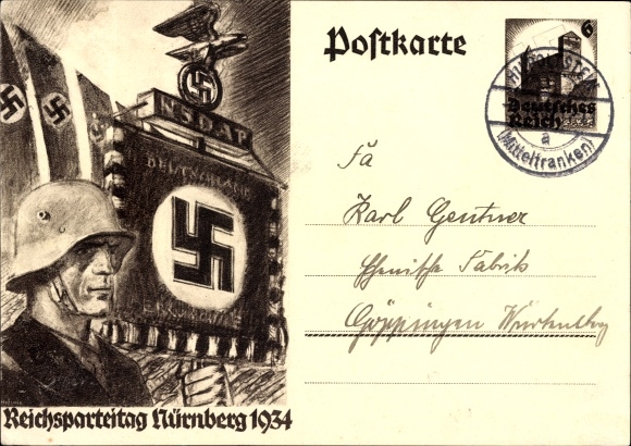 Postal stationery PC Reichsparteitag Nuremberg 1934, NSDAP standard
