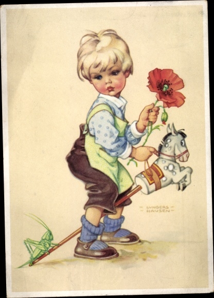 Artist PC Lungershausen, Ilse Wende, boy with hobby horse, grasshopper, poppy blossom