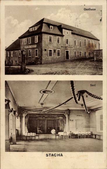 Ak Stacha Demitz Thumitz in Sachsen, Gasthaus und Fleischerei, Saal, Inh. Rudolf Schicketanz