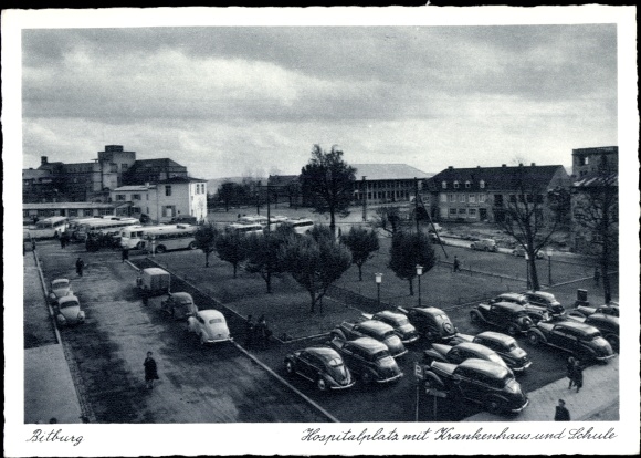 Ak Bitburg in de Eifel, ziekenhuisplein met ziekenhuis en school