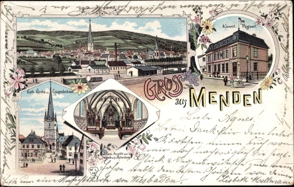 litho Menden in Sauerland, katholieke kerk, postkantoor, oorlogsmonument, kapel