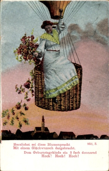 Postcard Bremervörde in Lower Saxony, a woman floating in a balloon basket with flowers in her hands...