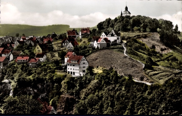 Postcard Warstein in the Sauerland, landscape photograph, villages, church, hilly landscape, colored