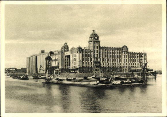 Postcard Düsseldorf am Rhein, Georg Plange, wheat mill, ships