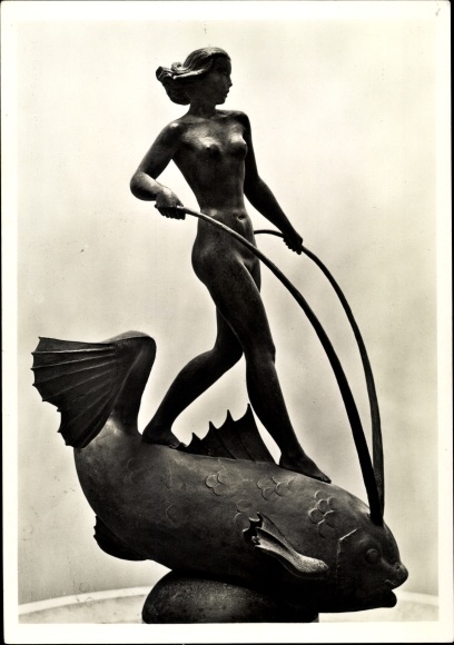 Postcard sculpture by Helmut Liebermann, fish rider, HDK 568, female nude