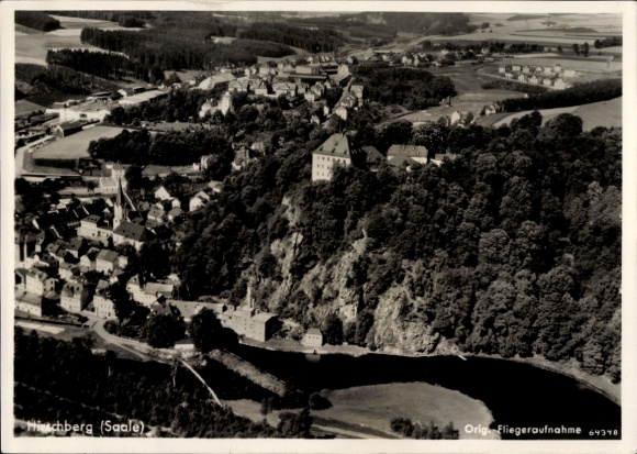 Postcard Hirschberg an der Saale, aerial photograph, town and castle, river in the foreground, nature, architecture