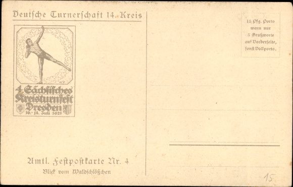 Coat of arms artist PC Dresden, 4th Saxon district gymnastics festival 1921, city view from the small forest castle