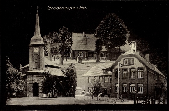 Postcard Grossenaspe in Holstein, church, house at night