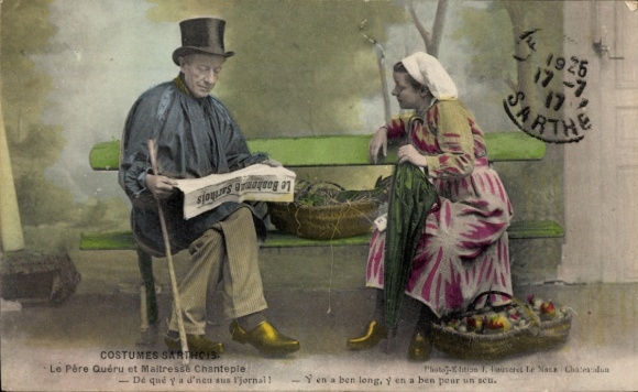 Postcard Sarthe, man and woman in traditional costumes