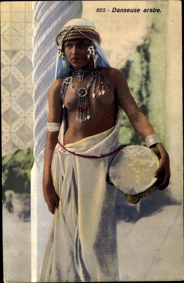 Postcard Morocco, Moroccan woman, belly dancer, tambourine, bare-breasted