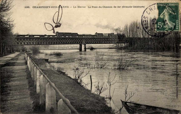 Ak Champigny sur Marne Val de Marne, La Marne, Pont du Chemin de fer (Grande Ceinture)