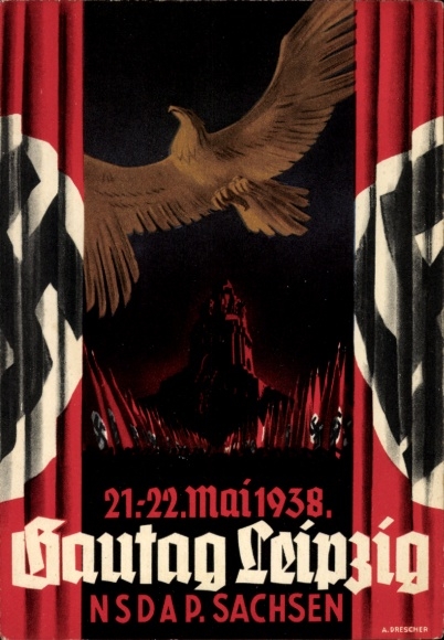 Ak Gautag der NSDAP Sachsen in Leipzig 21.- 22. Mai 1938, Adler, Völkerschlachtdenkmal, Fahnenzug