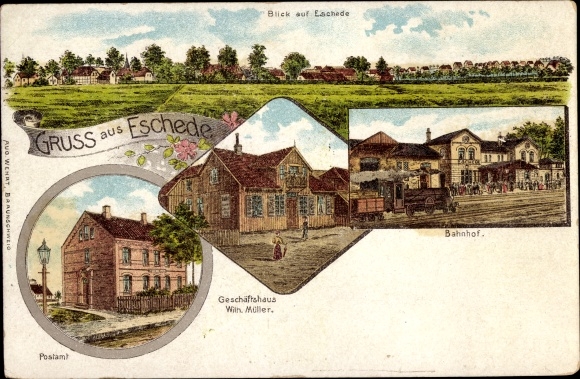 Litho Eschede in der Lüneburger Heide, Gesamtansicht, Postamt, Geschäftshaus Wilh. Müller, Bahnhof