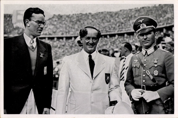 Collector's picture 1936 Olympics, rapid fire pistol shooters Ullman, van Oyen, Hax, award ceremony
