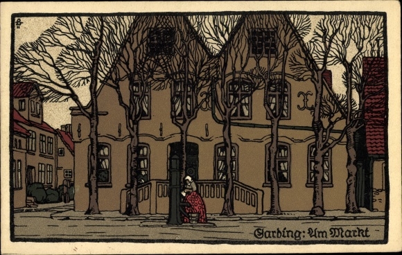 lithografie Ak Garding in Noord-Friesland, op de markt