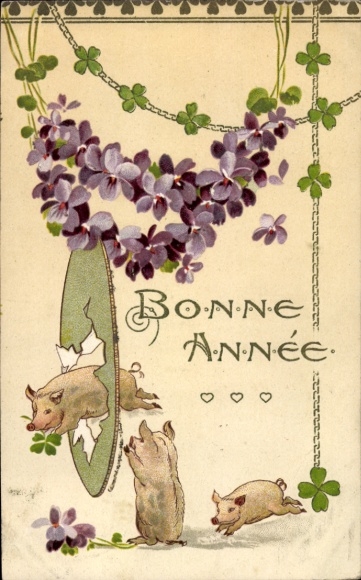 Postcard Happy New Year, Cloverleaf, Pigs