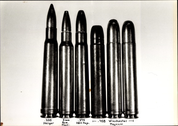 Photo Ammunition, cartridges .335 Halger, .458 Winchester Magnum, Remington Magnum, .375 H&amp;H Magnum