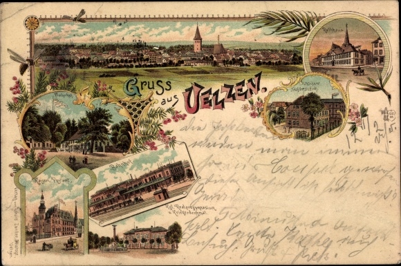 Chromo-Litho Uelzen in Lower Saxony, total view, Fischerhof, train station, post office, town hall, high school