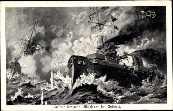 Artist PC Thiele, Arthur, German warship, SMS Blücher, large cruiser, Imperial Navy
