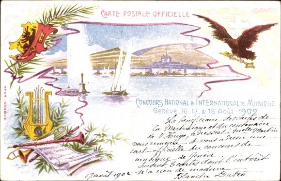 Artist Postcard Genève Geneva City, Concours International de Musique 1902, coat of arms, flag, harp