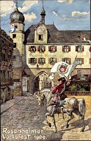 Postwaardestukken kunstenaarskaart Wagner, Richard, Rosenheim Opper-Beieren, volksfeest 1909, gemeentelijk museum