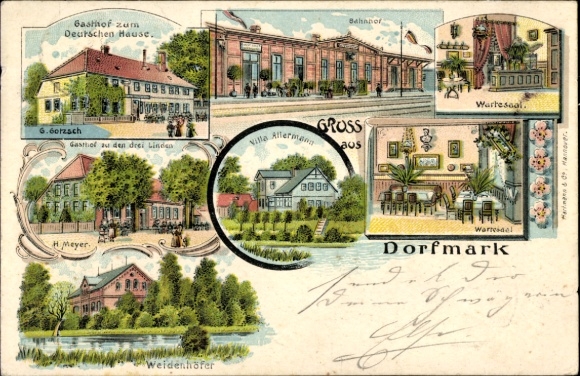 Chromo-Litho Dorfmark Bad Fallingbostel, Gasthof zum Deutschen Hause, Drei Linden, train station, Villa Allermann