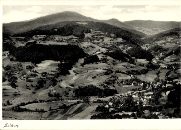 Postcard Malsburg Marzell in the Black Forest, landscape with mountains, fields and villages, black and white photo