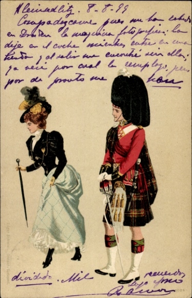Picture Scottish soldier in uniform, Scottish costume, noble woman