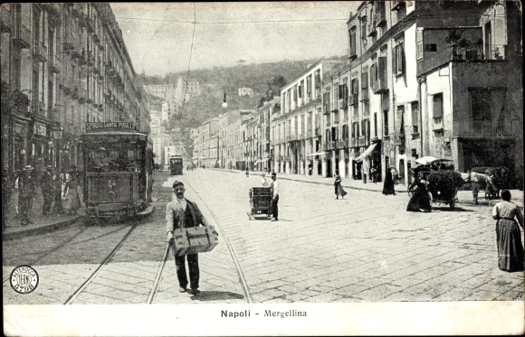 Ak Napoli Campania, Mergellina, tram, uitzicht op straat