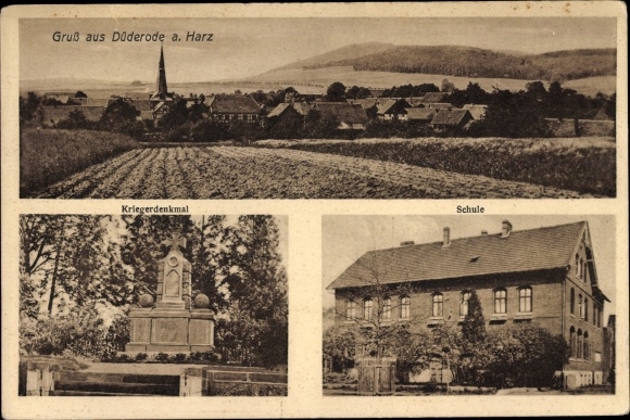 KP Düderode Kalefeld Dolna Saksonia, szkoła, pomnik wojenny, panorama