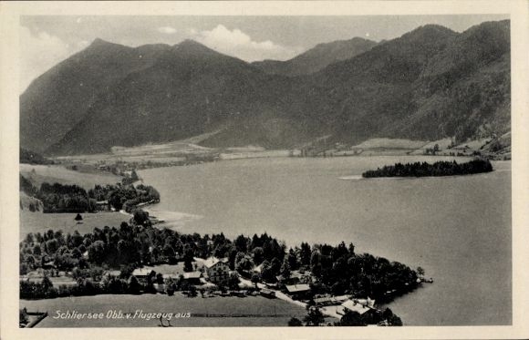Postcard Schliersee in Upper Bavaria, aerial view of the Schliersee, mountains in the background, idyllic landscape