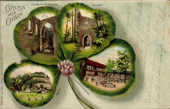 Klaverblad litho Zittau in Oberlausitz, kasteelpoort, interieur van de kerkruïne, verenigingsplein