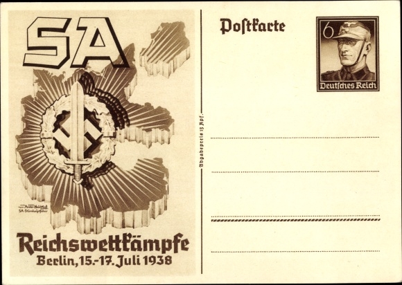 Postal stationery artist Postcard Axster Heudtlaß, SA Reichswettkämpfe Berlin 1938