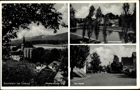 Ak Sonnefeld in Oberfranken, Schwimmbad, Am Markt, Kloster-Kirche