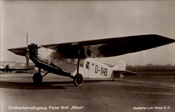 Postcard large airliner Focke Wulf Möwe, Deutsche Luft Hansa AG, D-1149
