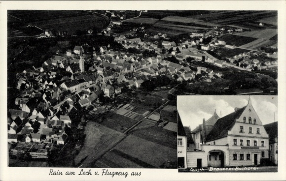 Postcard Rain am Lech Swabia, aerial view of Gasthaus Brauerei, airplane view