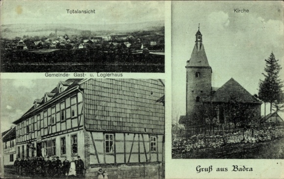 Ak Badra Kyffhäuserland in Thüringen, Totale, Kirche, Gasthof und Gemeindehaus