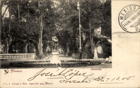Ak Ciudad de Mexico Mexico City Mexiko Stadt, Alameda, Statue, Text in Spanisch, Poststempel, Adr