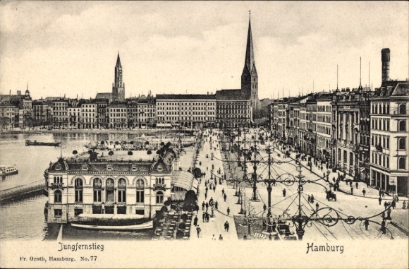 Ak Hamburg Mitte Neustadt, Hauptpost, Oberpostdirektion, Jungfernstieg,   Ansicht, Menschen, Schi