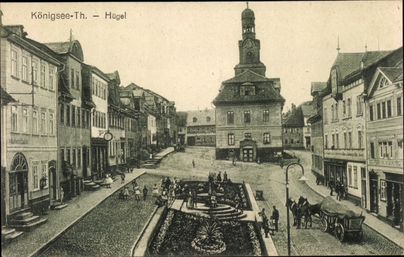 Postcard Königsee in Thuringia, hill, town hall, square, shops