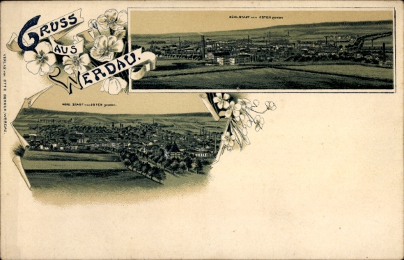 Chromo-Litho Werdau on the Pleiße in Saxony, North and South Views