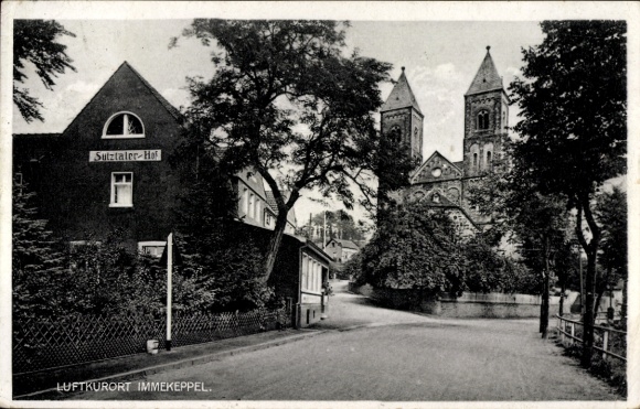 Postcard Immekeppel Overath in the Bergisches Land, Inn Sülztaler Hof, owner J. Selbach, Church