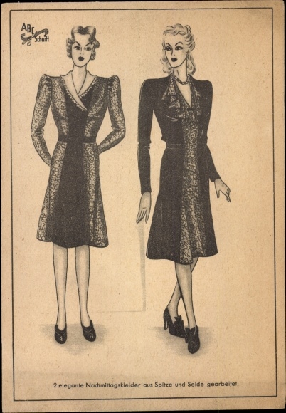 Postcard women&#39;s fashion, pattern ABC cut, elegant afternoon dresses made of lace and silk